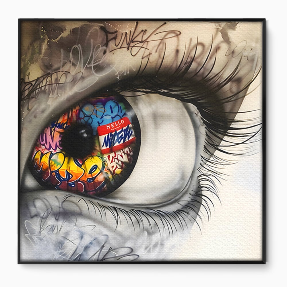 Tablou canvas cu tablou canvas cu ochi uman si graffiti, in rama de aluminiu negru